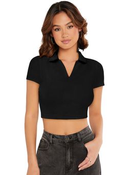 Odette - Black Polyester Solid Crop Top For Women