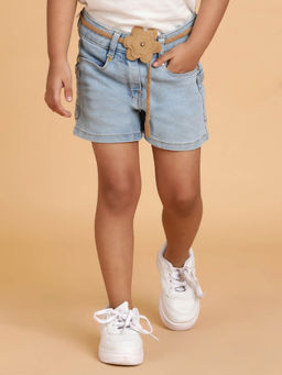 Tales & Stories - Girls Light Blue Washed Lycra A-Line Shorts With 4 Pockets (Set of 2)