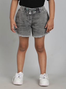 Tales & Stories - Girls Grey Washed Cotton A-Line Shorts With 2 Pockets