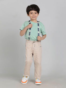 Tales & Stories - Boys Beige Washed Lycra Slim Fit Trouser With Suspender 4 Pockets