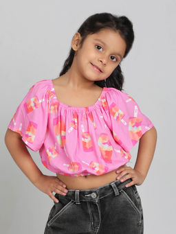 Tales & Stories - Girls Pink Printed Crop Top