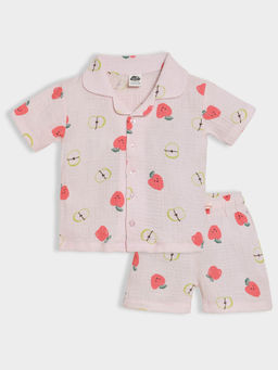 Mi Arcus - Printed Cotton Pink Half Sleeves Shirt And Shorts For Girls (Set of 2)