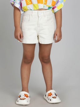 Tales & Stories - Girls White Washed Lycra Regular Fit Shorts With 3 Pockets