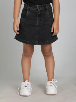 Tales & Stories - Girls Black A-Line Washed Lycra Skirt With 2 Pockets