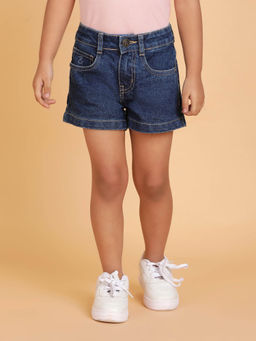 Tales & Stories - Girls Dark Blue Washed Lycra Regular Fit Shorts With 3 Pockets