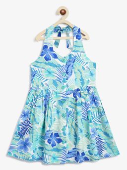 Campana - Girls Cheryl Halter Neck Dress - Tropical Floral Print - Blue & Sea Green
