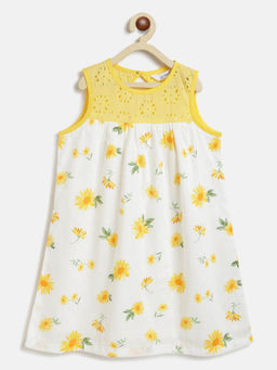 Campana - Girls Alice Dress With Yoke - Sunflower Print - White & Yellow