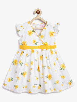 Campana - Girls Ruby Crossover Cotton Dress - Sunflowers Print - White & Yellow