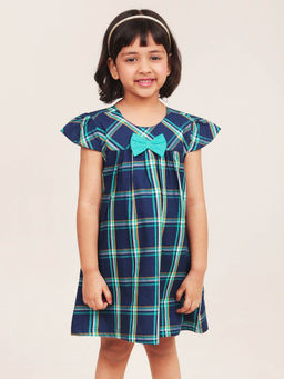 Campana - Girls Suzy Dress With Bow - Windowpane Checks - Navy & Turquoise