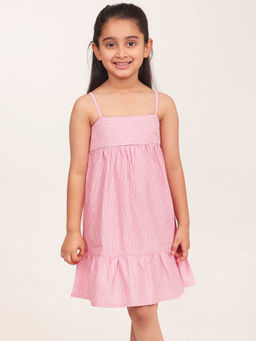 Campana - Girls Cotton Sleeveless Striped Dress With Pockets - Peach