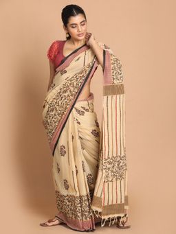 Indethnic - Beige Printed Pure Cotton Saree with Unstitched Blouse