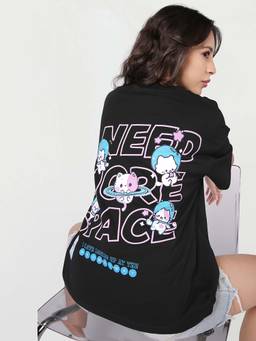 Bewakoof - Women's Black More Space Graphic Printed Oversized T-Shirt
