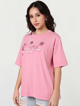 Bewakoof - Women's Bubblegum Pink Blame Stars Oversized Acid Wash T-Shirt