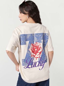 Bewakoof - Women's Beige Lucky Charm Graphic Printed Oversized T-Shirt