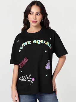 Bewakoof - Women's Black Tune Squad Graphic Printed Oversized T-Shirt