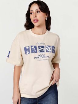 Bewakoof - Women's Beige Phyto Graphic Printed Oversized T-Shirt
