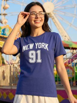 Bewakoof - Women's Skipper Blue 91 Typography T-Shirt