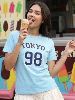 Bewakoof - Women's Plume Blue Tokyo 98 Typography T-Shirt