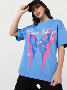 Bewakoof - Women's Azure Blue Fierce Soul Graphic Printed Oversized T-Shirt