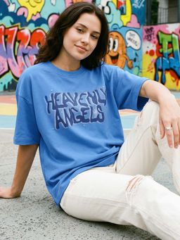 Bewakoof - Women's Azure Blue Angels Graphic Printed Oversized T-Shirt