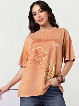 Bewakoof - Women's Orange Bahamas Graphic Printed Oversized Acid Wash T-Shirt