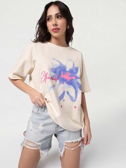 Bewakoof - Women's Beige Ethereal Graphic Printed Oversized T-Shirt