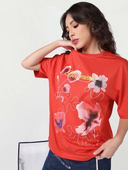Bewakoof - Women's Fiesta Red Becoming Graphic Printed Oversized T-Shirt