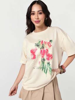 Bewakoof - Women's Beige New Muse Graphic Printed Oversized T-Shirt