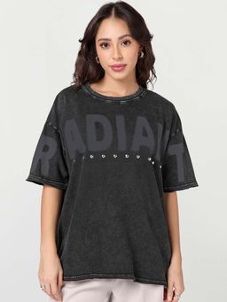 Bewakoof - Women's Black Oversized Acid Wash T-Shirt