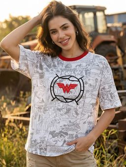 Bewakoof - Women's White Wonder Woman All Over Printed Oversized T-Shirt