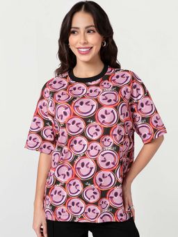 Bewakoof - S.W.Smiley Women's Pink and Brown All Over Printed Oversized T-Shirt