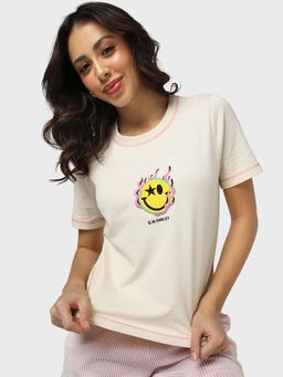 Bewakoof - S.W.Smiley Women's Beige Embroidered Slim Fit T-Shirt