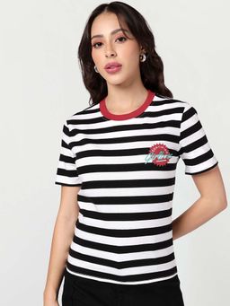 Bewakoof - Women's Bright White And Black Striped Slim Fit T-Shirt