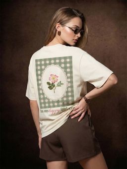 JUNEBERRY - Women Happy Girl Swanwhite Oversized Graphic Printed T-Shirt