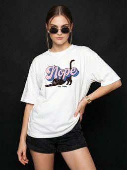 JUNEBERRY - Women Nope White Oversized Graphic Printed T-Shirt