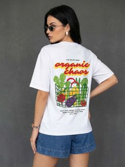JUNEBERRY - Women Organic Chaos White Oversized Graphic Printed T-Shirt