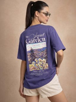 JUNEBERRY - Women Secret Garden Purple Oversized Graphic Printed T-Shirt