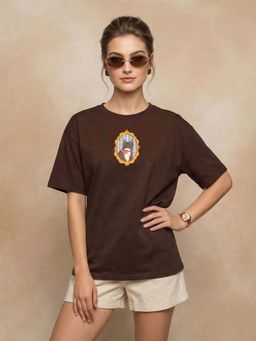JUNEBERRY - Women Kitten Brown Oversized Graphic Printed T-Shirt