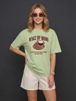 JUNEBERRY - Women Wake Up Aloewash Oversized Graphic Printed T-Shirt
