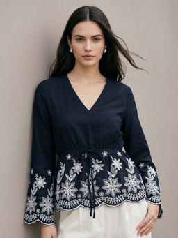 Outzidr - Navy Blue Floral Border Deep V Neck Blouse
