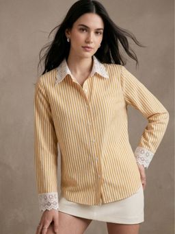 Outzidr - Mustard Striped Lace Trim Shirt