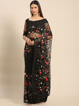 Odette - Black Floral Embroidered Net Saree with Unstitched Blouse