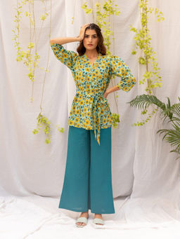 Kohsh - Cotton Wrap Top With Wide Pants (Set of 3)