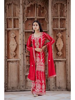 LABEL MAE - Womens Red Kurta with Palazzo and Dupatta