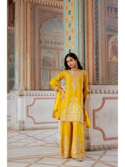 LABEL MAE - Womens Yellow Kurti with Palazzo and Dupatta
