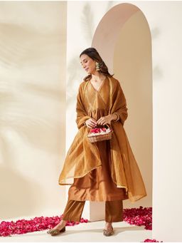 Mushio - Womens Brown Kurta with Pant and Dupatta