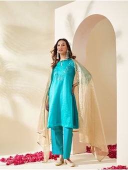 Mushio - Womens Turquoise Kurta with Pant and Dupatta
