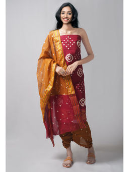 Unnati Silks - Unstitched Maroon Ochre Pure Bandhani Cotton Salwar Kameez (Set of 3)
