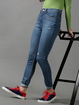 SHOWOFF - Womens Low Distress Slim Fit Blue Denim Jeans