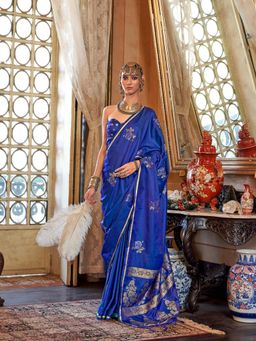 Elora - Royal Blue Tussar Silk Banarasi Woven Design Saree with Unstitched Blouse